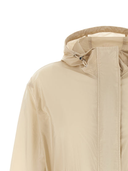 Hooded Windbreaker Jacket by Moncler for women in nylon felt beige showcases a modern silhouette, integrating pockets, hooded & windproof and a modern hooded asymmetric neckline for a sophisticated finish.
