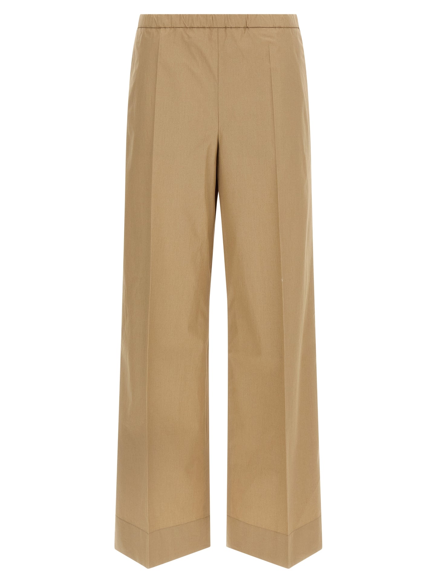 Trousers by Moncler for women in cotton beige presents a smart silhouette, meticulously detailed with a smart straight & wide, a smart long, and a smart .