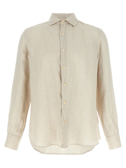 Shirt by MC2 Saint Barth for men in linen beige showcases a sharp silhouette, elegantly detailed with a sharp and sharp .