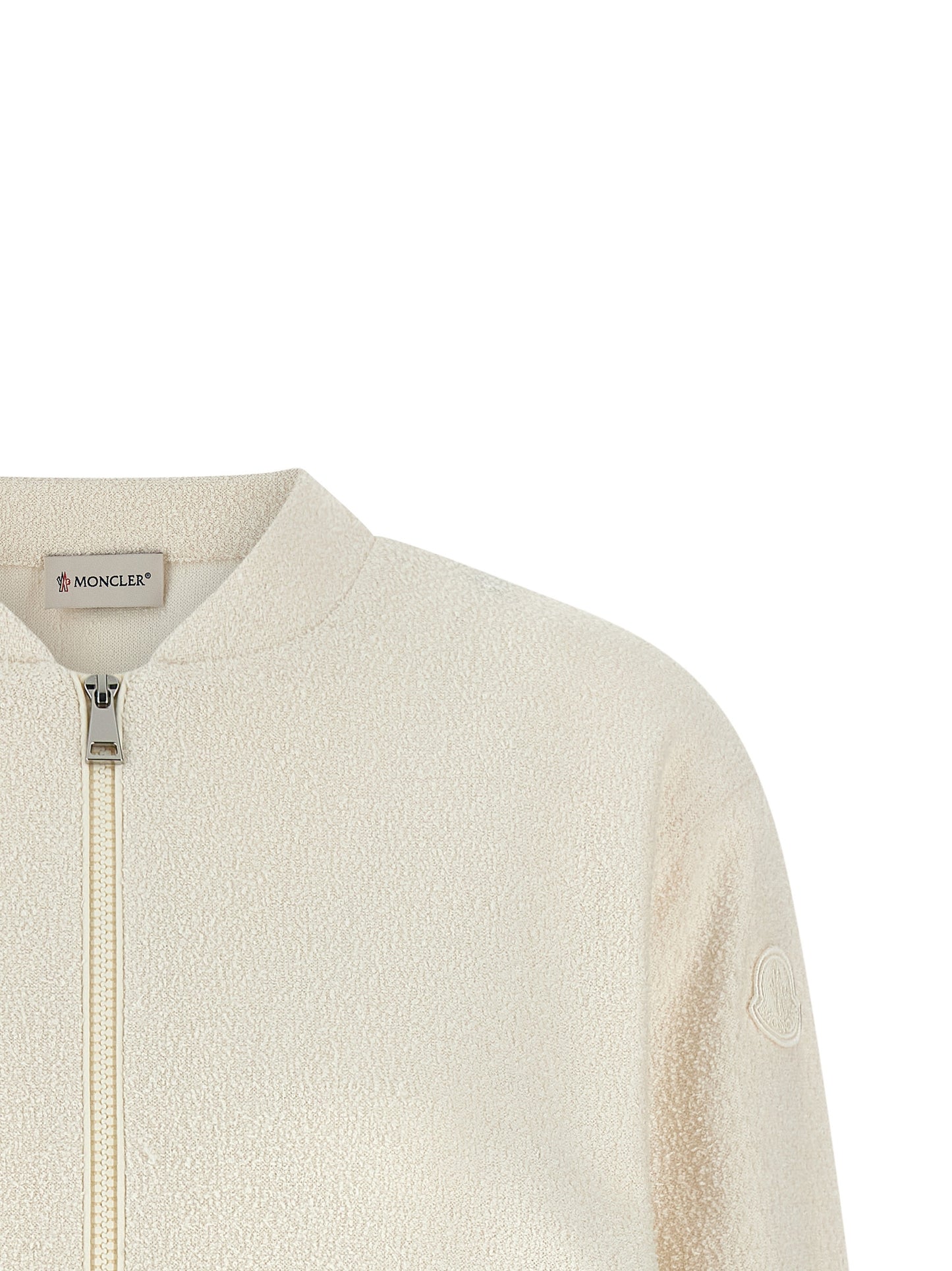 Cardigan by Moncler for women in nylon polyester & wool white showcases a luxurious silhouette, meticulously detailed with a sophisticated high-neck neckline and for a refined finish.