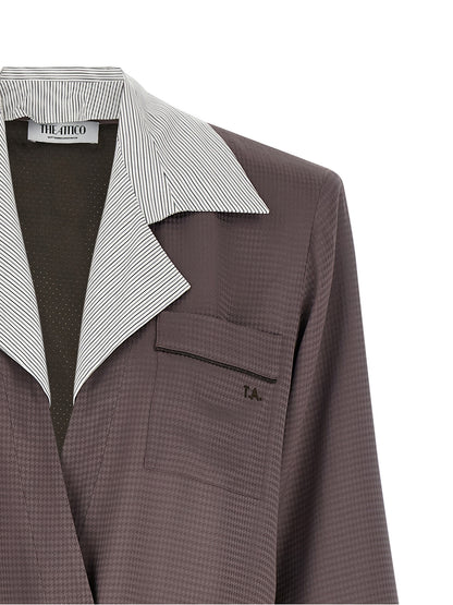 The Attico Women's Padded Satin Viscose Blazer - Purple Patterned Houndstooth Striped