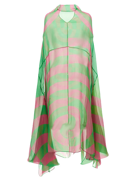 Dress by Dries Van Noten for women in silk bicolour, green, transparent & patterned features an eye catching silhouette with a sophisticated , elegant sleeveless, and a refined midi for a eye catching aesthetic.