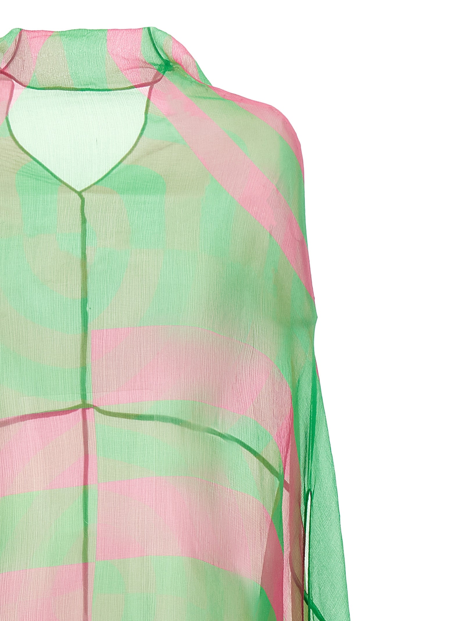 Dress by Dries Van Noten for women in silk bicolour, green, transparent & patterned presents a sinuous silhouette, showcasing a sophisticated and detailed with a sinuous midi for a refined finish.