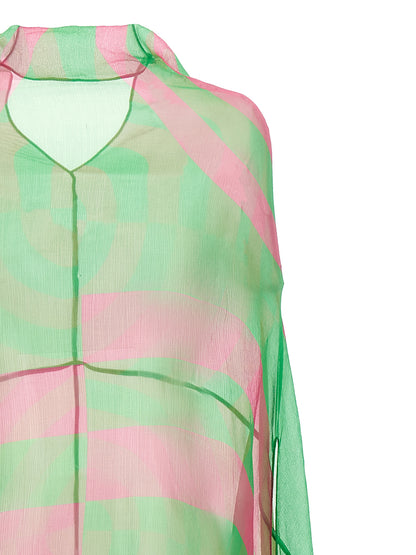 Dress by Dries Van Noten for women in silk bicolour, green, transparent & patterned presents a sinuous silhouette, showcasing a sophisticated and detailed with a sinuous midi for a refined finish.