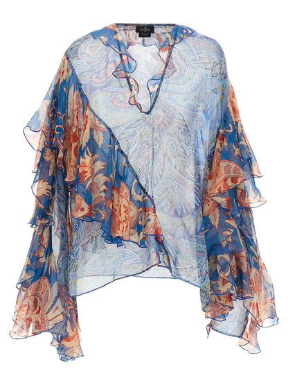 Blouse by Etro for women in silk light-blue, floral & print showcases a sleek silhouette, elegantly detailed with a sleek v-neck asymmetric neckline and long-sleeve for a sleek finish.