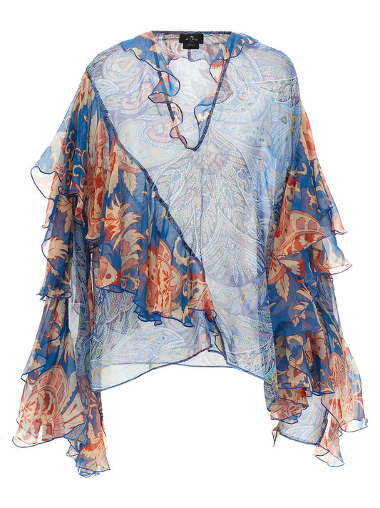 Blouse by Etro for women in silk light-blue, floral & print showcases a sleek silhouette, elegantly detailed with a sleek v-neck asymmetric neckline and long-sleeve for a sleek finish.