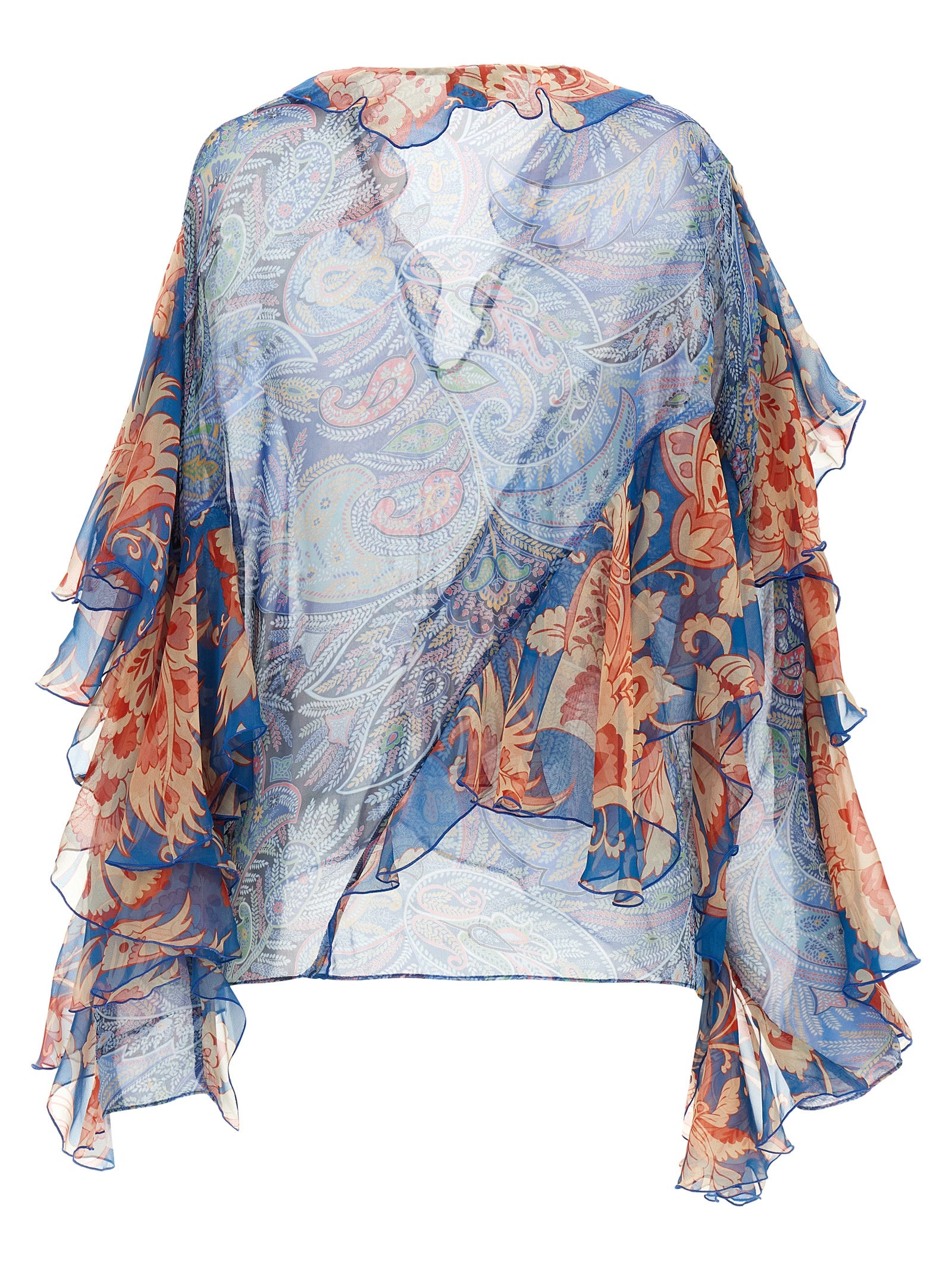 Blouse by Etro for women in silk light-blue, floral & print features an architectural silhouette with a refined and elegant v-neck asymmetric neckline for a architectural look.