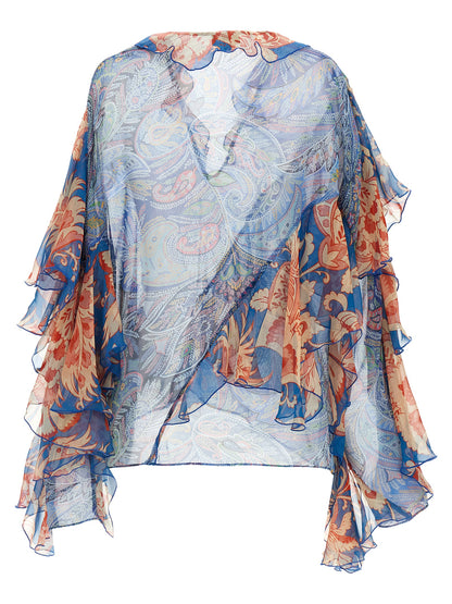 Blouse by Etro for women in silk light-blue, floral & print features an architectural silhouette with a refined and elegant v-neck asymmetric neckline for a architectural look.