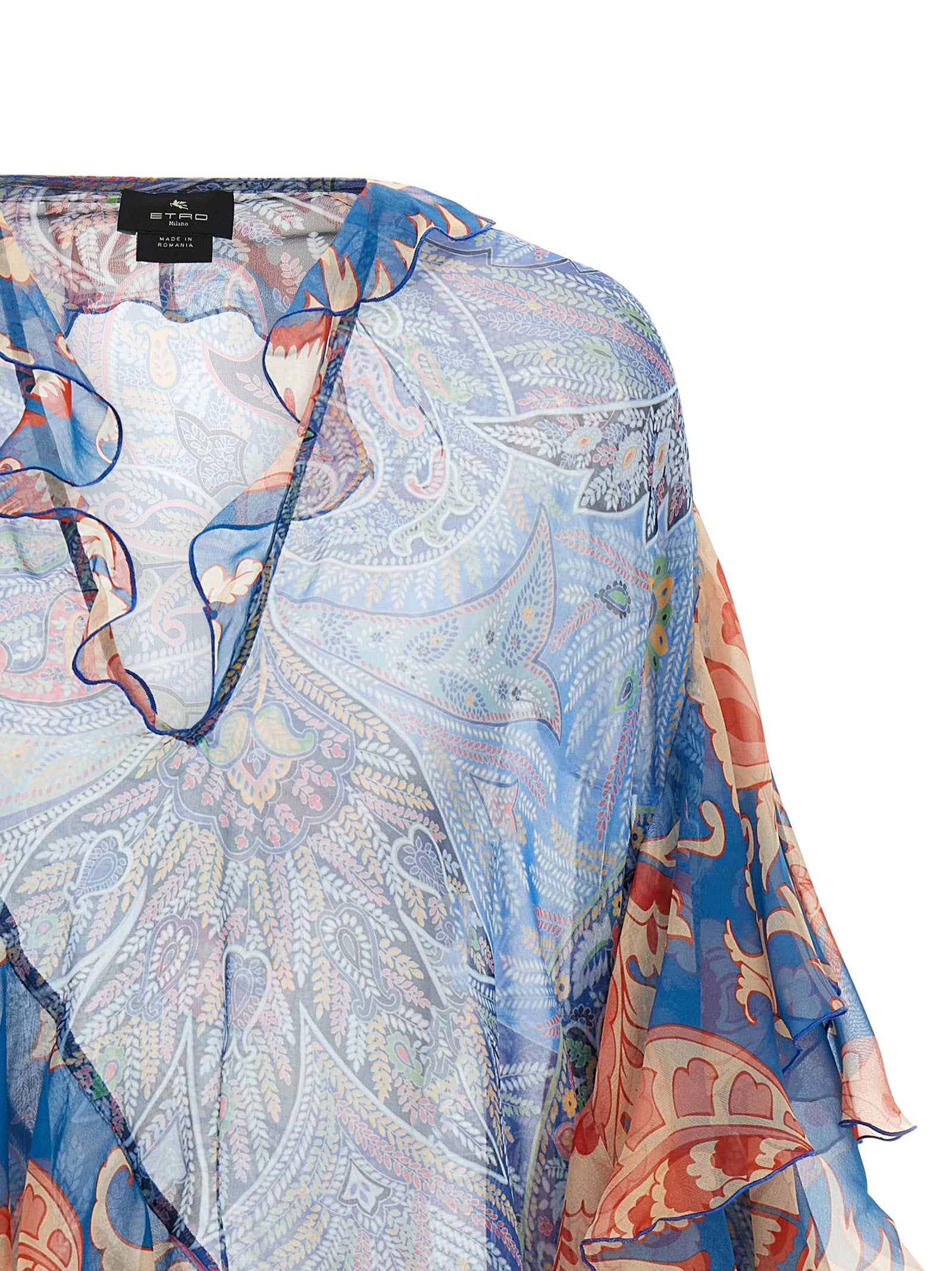 Blouse by Etro for women in silk light-blue, floral & print showcases a sublime silhouette, artfully detailed with a sublime v-neck asymmetric neckline and for a sophisticated, sublime finish.