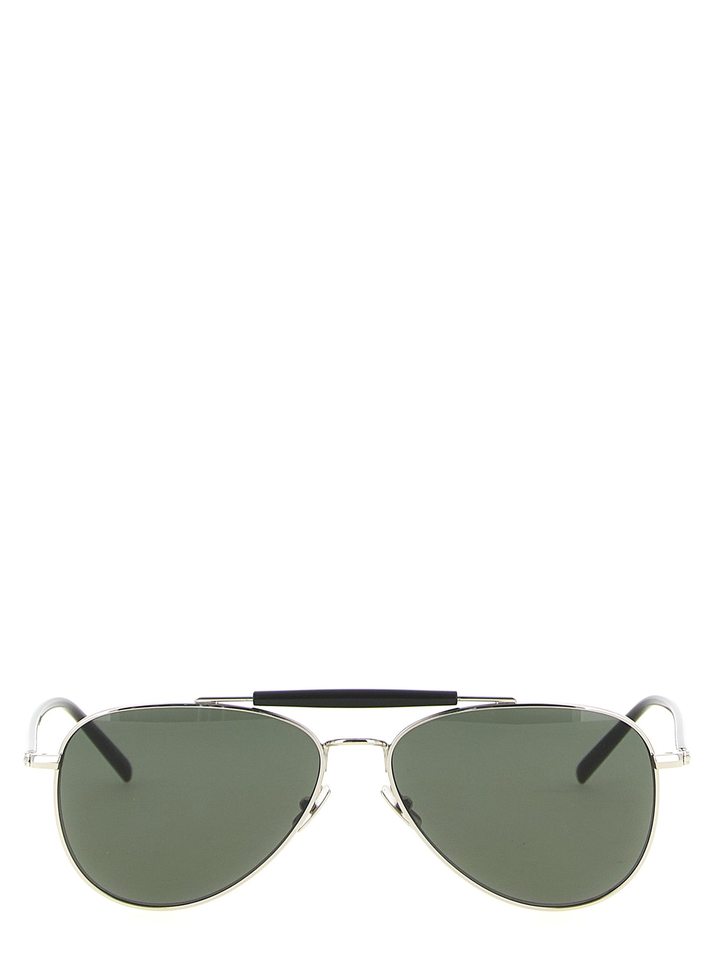 Sunglasses by Saint Laurent for men in nylon silicone & acetate silver & signature features an effortlessly chic aviator frame design with silver coloured frame detailing and for a effortlessly chic aesthetic.