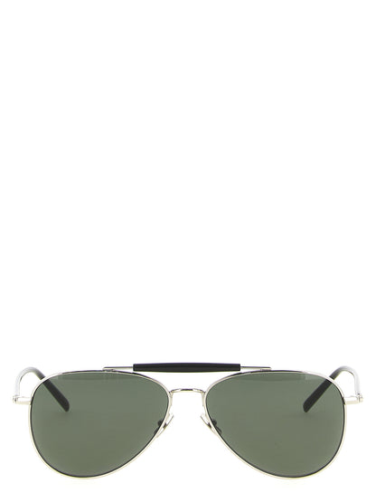 Sunglasses by Saint Laurent for men in nylon silicone & acetate silver & signature features an effortlessly chic aviator frame design with silver coloured frame detailing and for a effortlessly chic aesthetic.