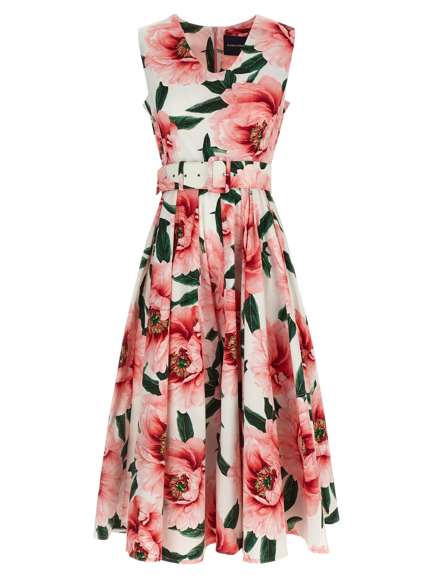 SAMANTHA SUNG Women's V Neck Cotton Midi Dress - Multicolor Pink