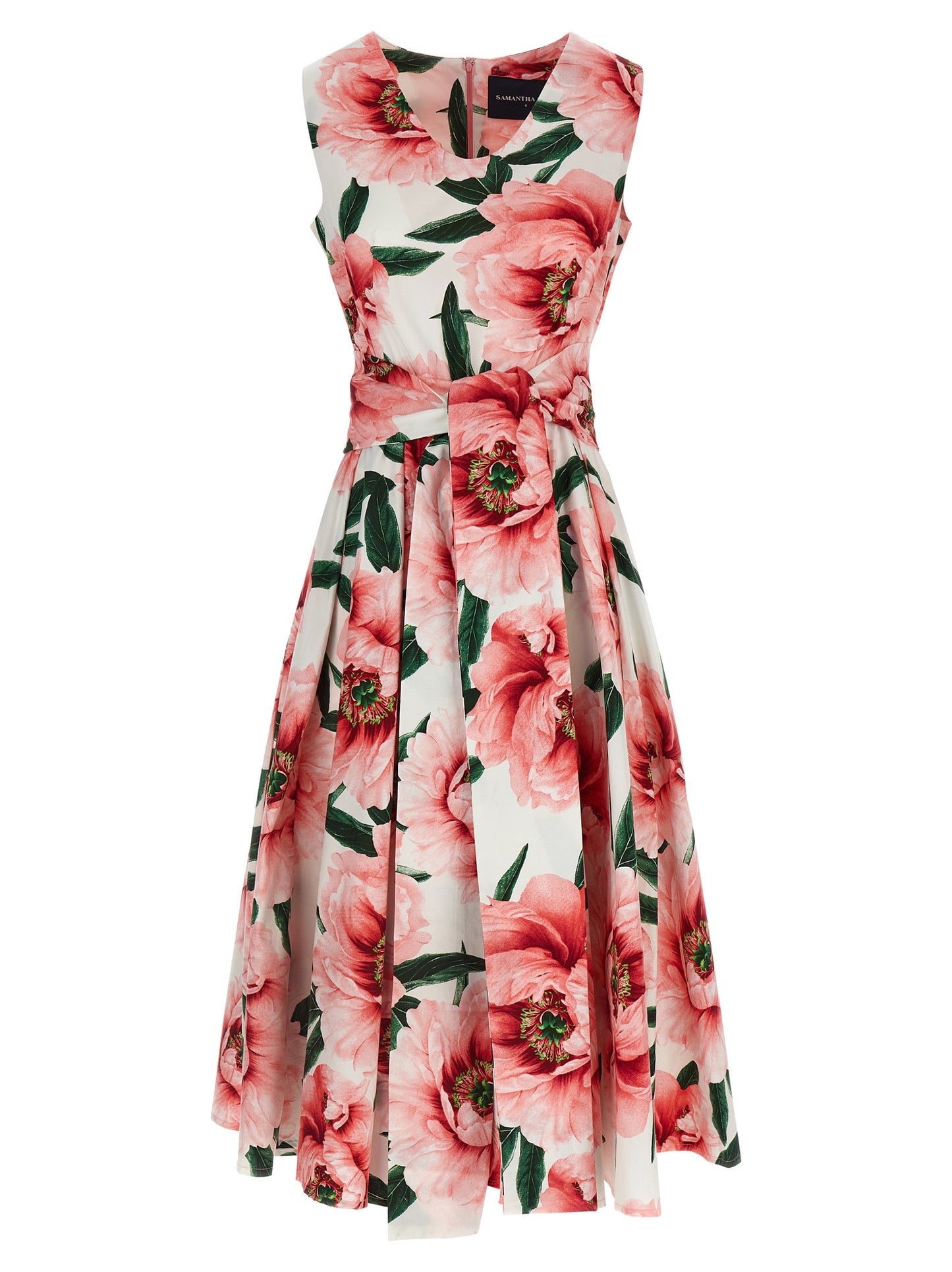 SAMANTHA SUNG Women's V Neck Cotton Midi Dress - Multicolor Pink