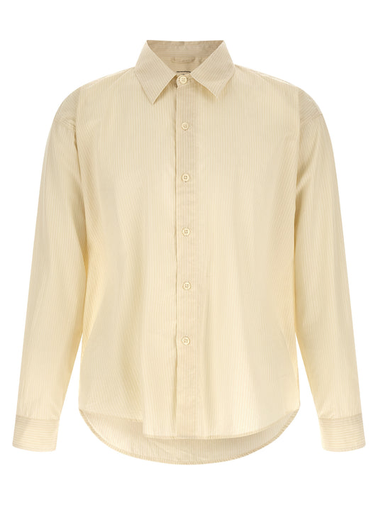 Shirt by MFPEN for men in cotton beige, pearl, patterned & striped showcases a sharp silhouette, elegantly detailed with a sharp and sharp long-sleeve.