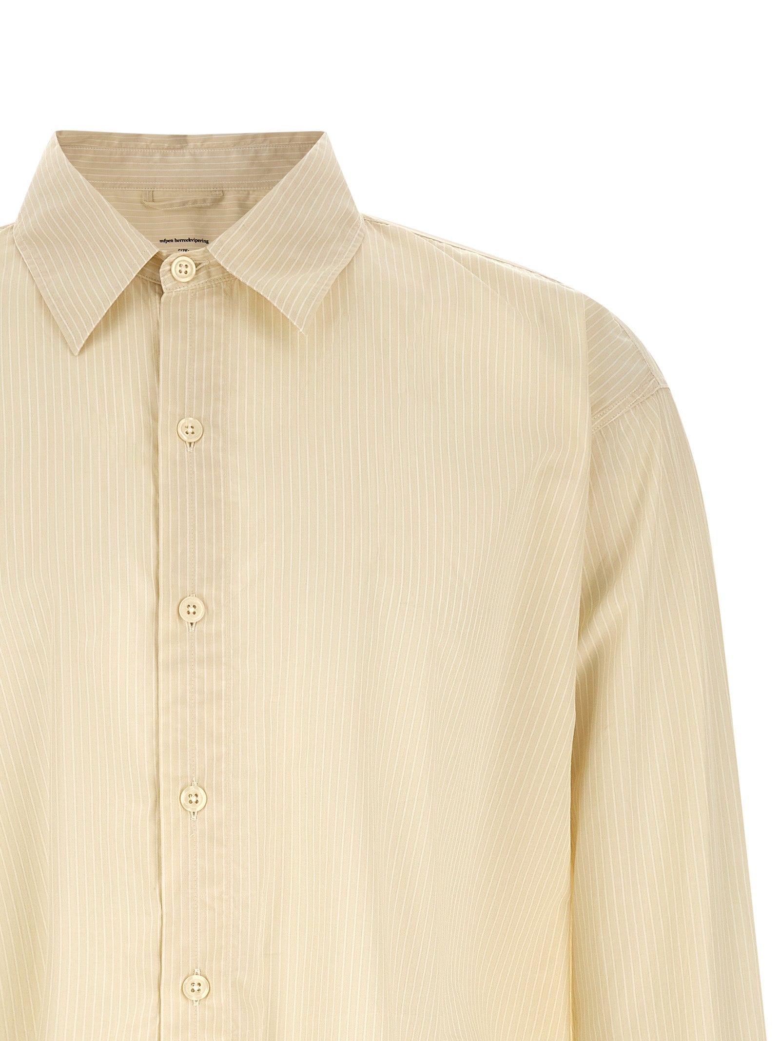 Shirt by MFPEN for men in cotton beige, pearl, patterned & striped, featuring a nuanced and nuanced for a sophisticated finish.