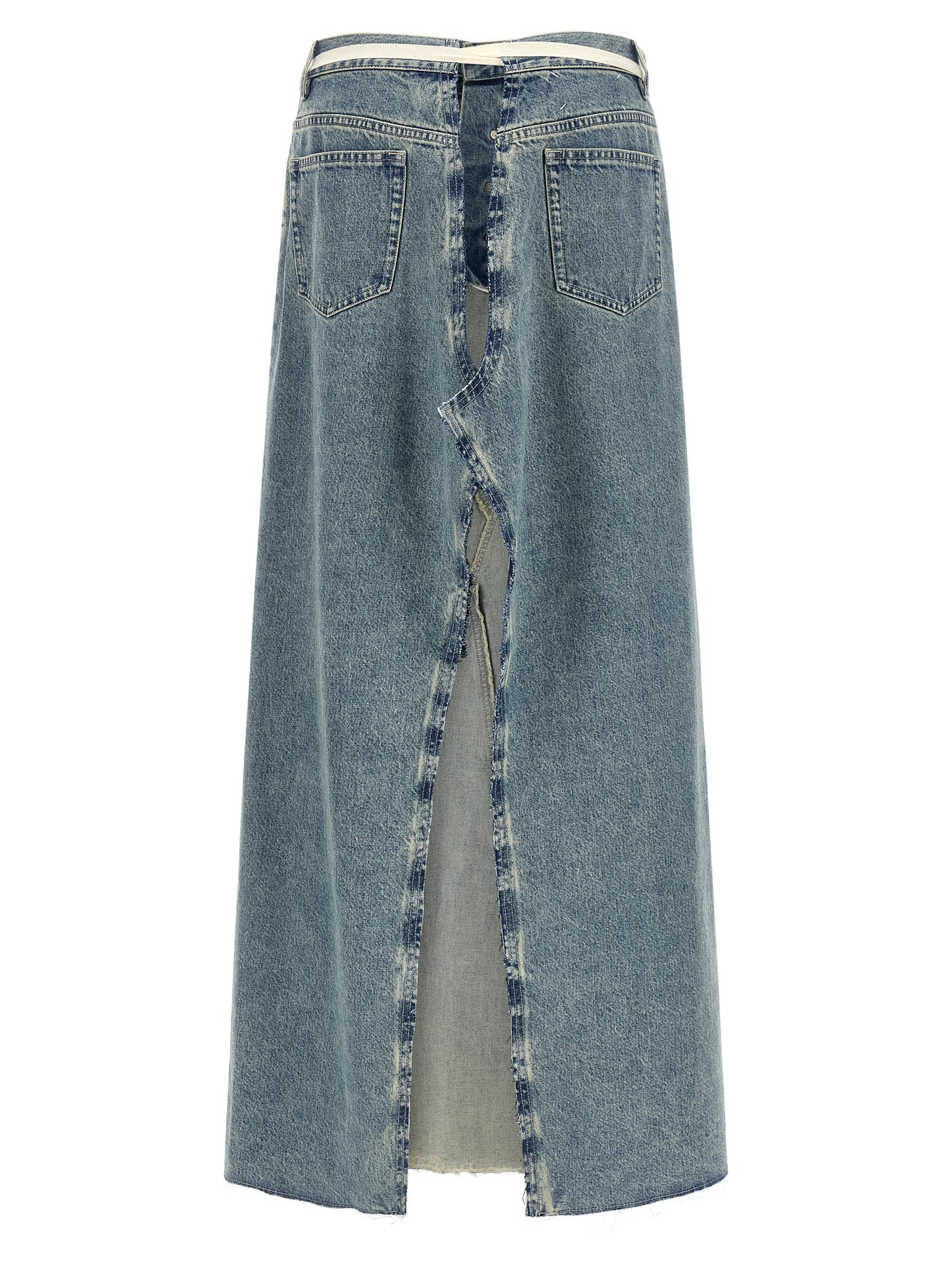 Skirt by Maison Margiela for women in denim cotton light-blue features a contoured silhouette from the Four Stitches Women's Denim Flared Cotton Skirt collection, characterized by its contoured mini for a contoured finish.