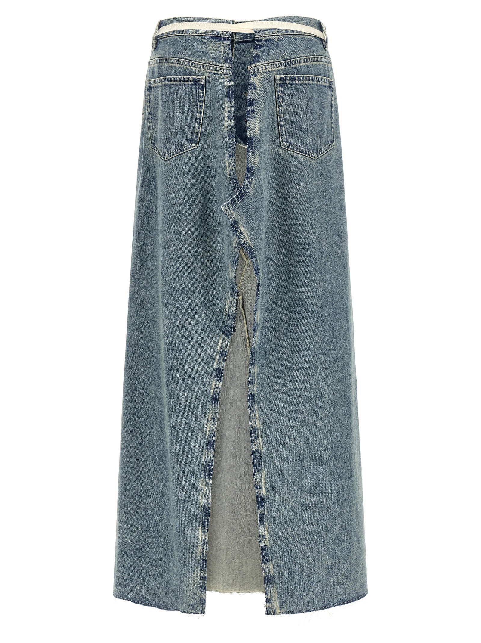 Skirt by Maison Margiela for women in denim cotton light-blue features a contoured silhouette from the Four Stitches Women's Denim Flared Cotton Skirt collection, characterized by its contoured mini for a contoured finish.