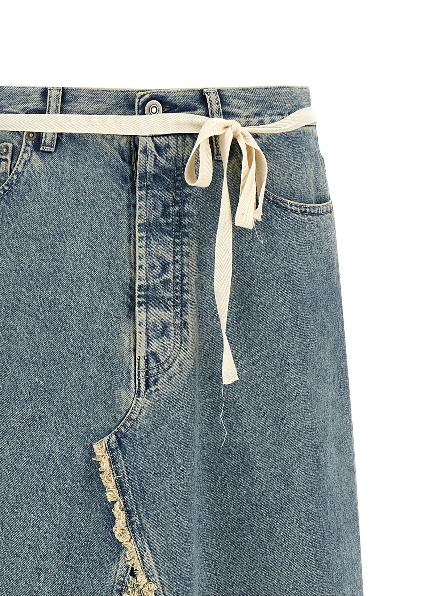 Skirt by Maison Margiela for women in denim cotton light-blue showcases a dramatic silhouette, artfully capturing the essence of the Four Stitches Women's Denim Flared Cotton Skirt in a dramatic mini cut for a refined look.