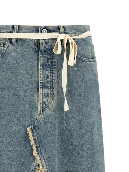 Skirt by Maison Margiela for women in denim cotton light-blue showcases a dramatic silhouette, artfully capturing the essence of the Four Stitches Women's Denim Flared Cotton Skirt in a dramatic mini cut for a refined look.