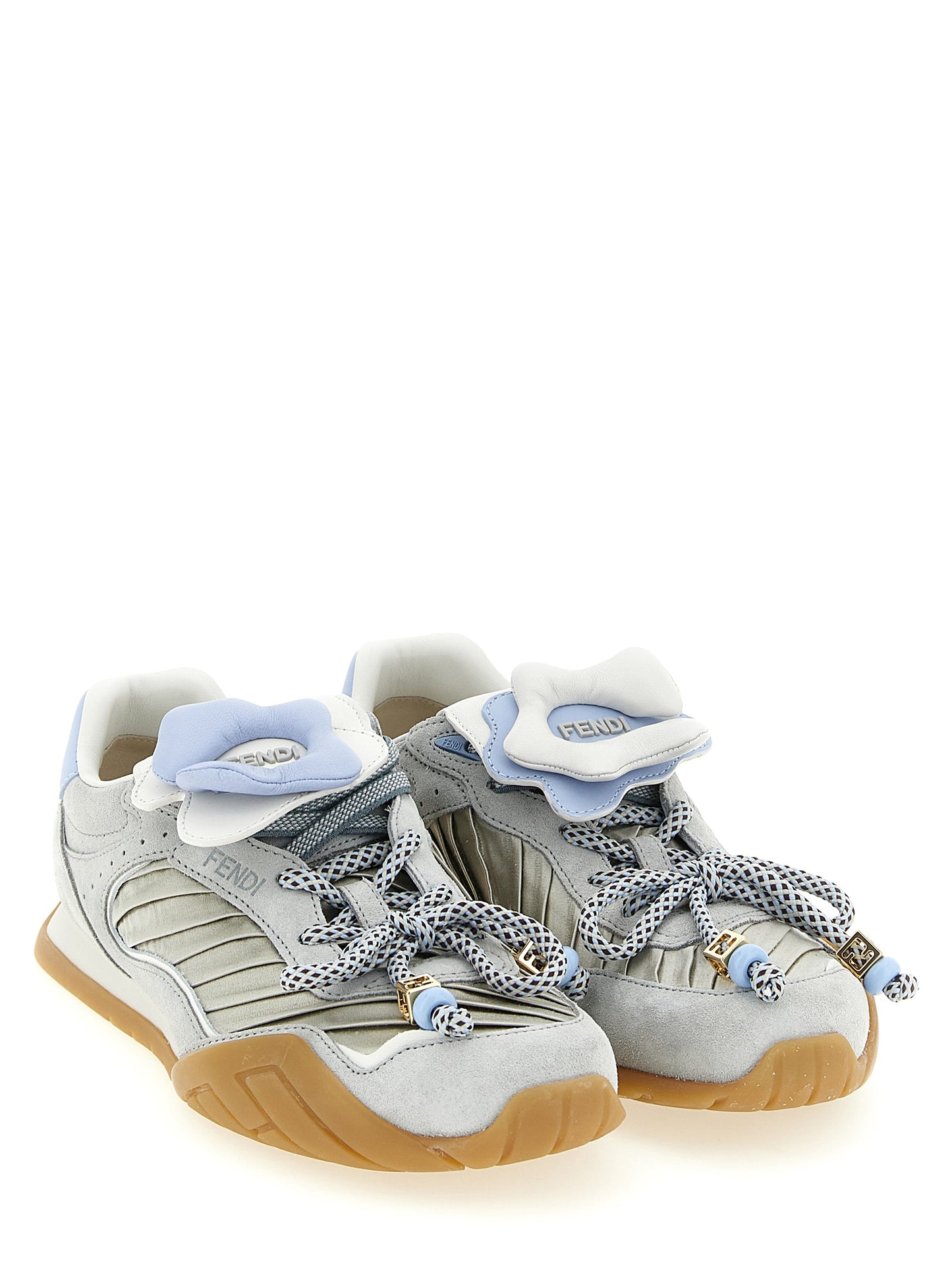 Athletic Sneakers by Fendi for women in suede calfskin leather & satin gray & patterned features an exquisite silhouette, showcasing the premium athletic style of the Pulse Women's Athletic Suede Calfskin Leather & Satin Sneakers with an exquisite finish.