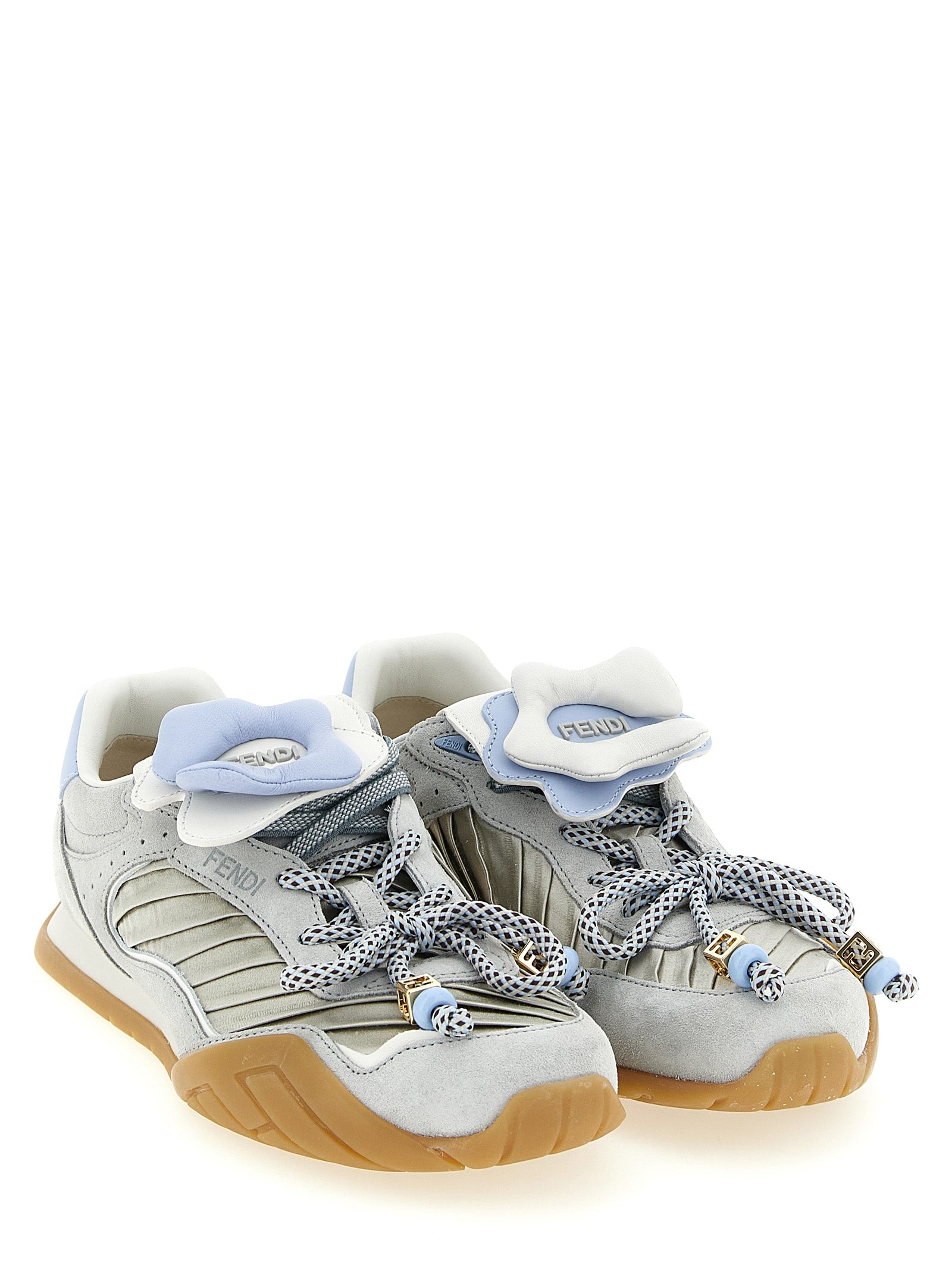 Athletic Sneakers by Fendi for women in suede calfskin leather & satin gray & patterned features an exquisite silhouette, showcasing the premium athletic style of the Pulse Women's Athletic Suede Calfskin Leather & Satin Sneakers with an exquisite finish.