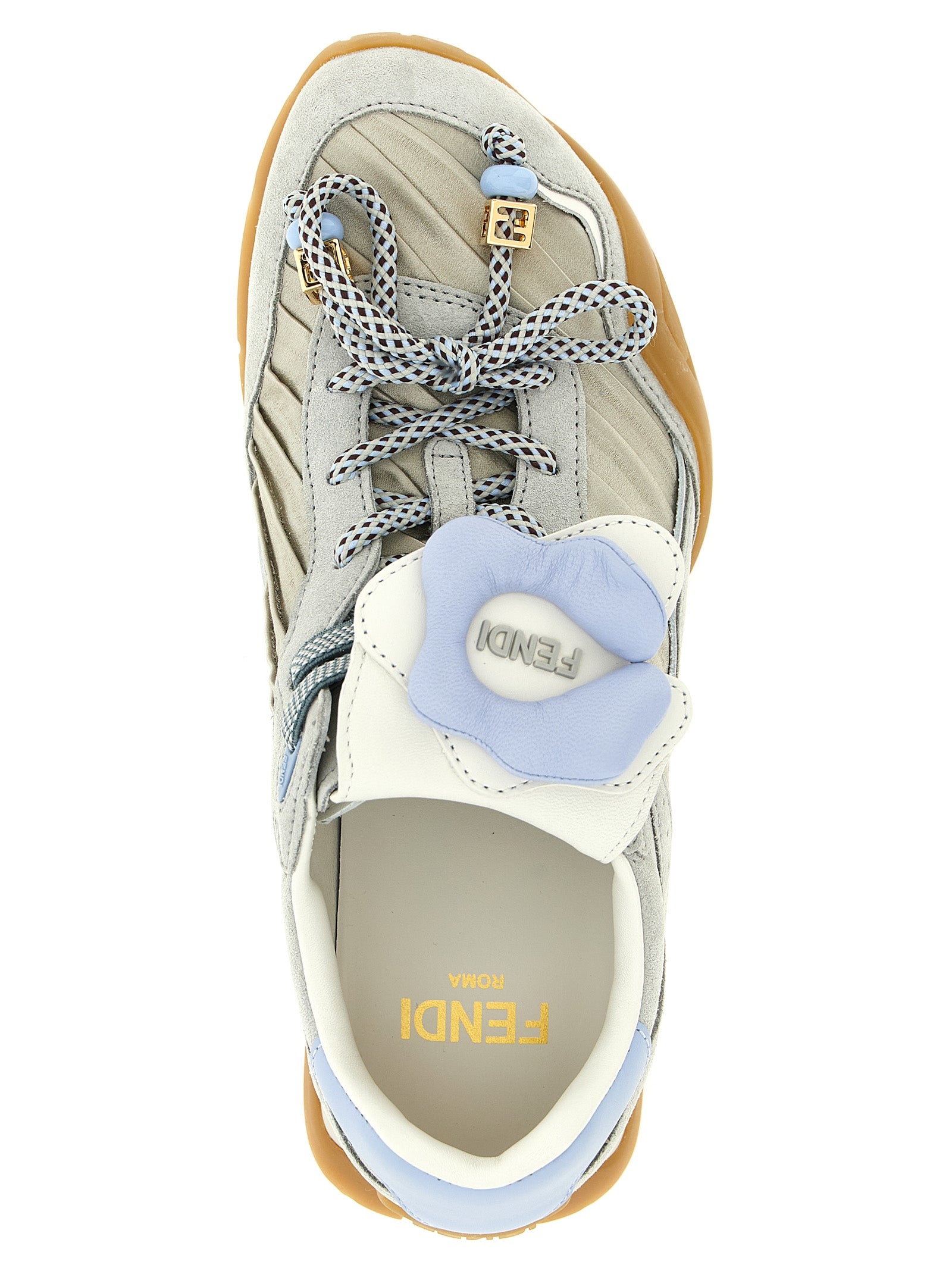 Athletic Sneakers by Fendi for women in suede calfskin leather & satin gray & patterned features an effortless chic silhouette, showcasing the signature athletic style of the Pulse Women's Athletic Suede Calfskin Leather & Satin Sneakers collection with a truly effortless chic finish.