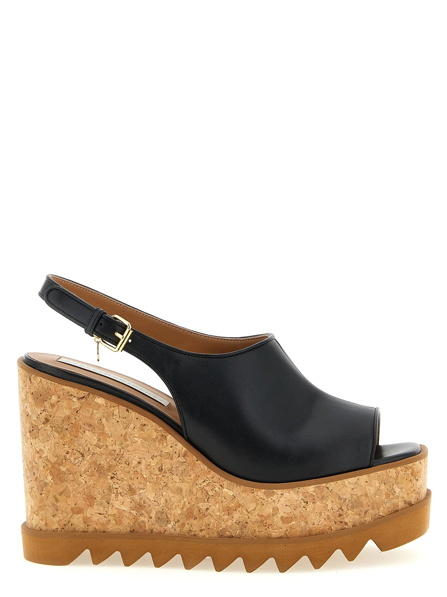 Wedge Slingback Sandals by Stella McCartney for women in polyurethane & cork black features an effortlessly chic silhouette from the Women's Polyurethane & Cork Wedge Slingback Sandals collection, showcasing a effortlessly chic wedge and elegant square toe style.