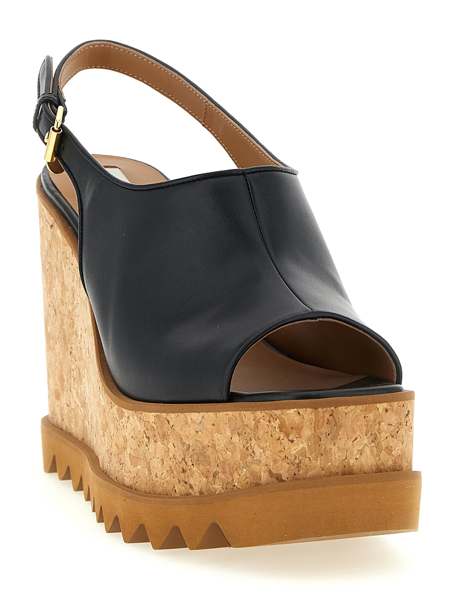 Wedge Slingback Sandals by Stella McCartney for women in polyurethane & cork black features an statuesque Women's Polyurethane & Cork Wedge Slingback Sandals silhouette with a refined wedge and elegant square toe style.