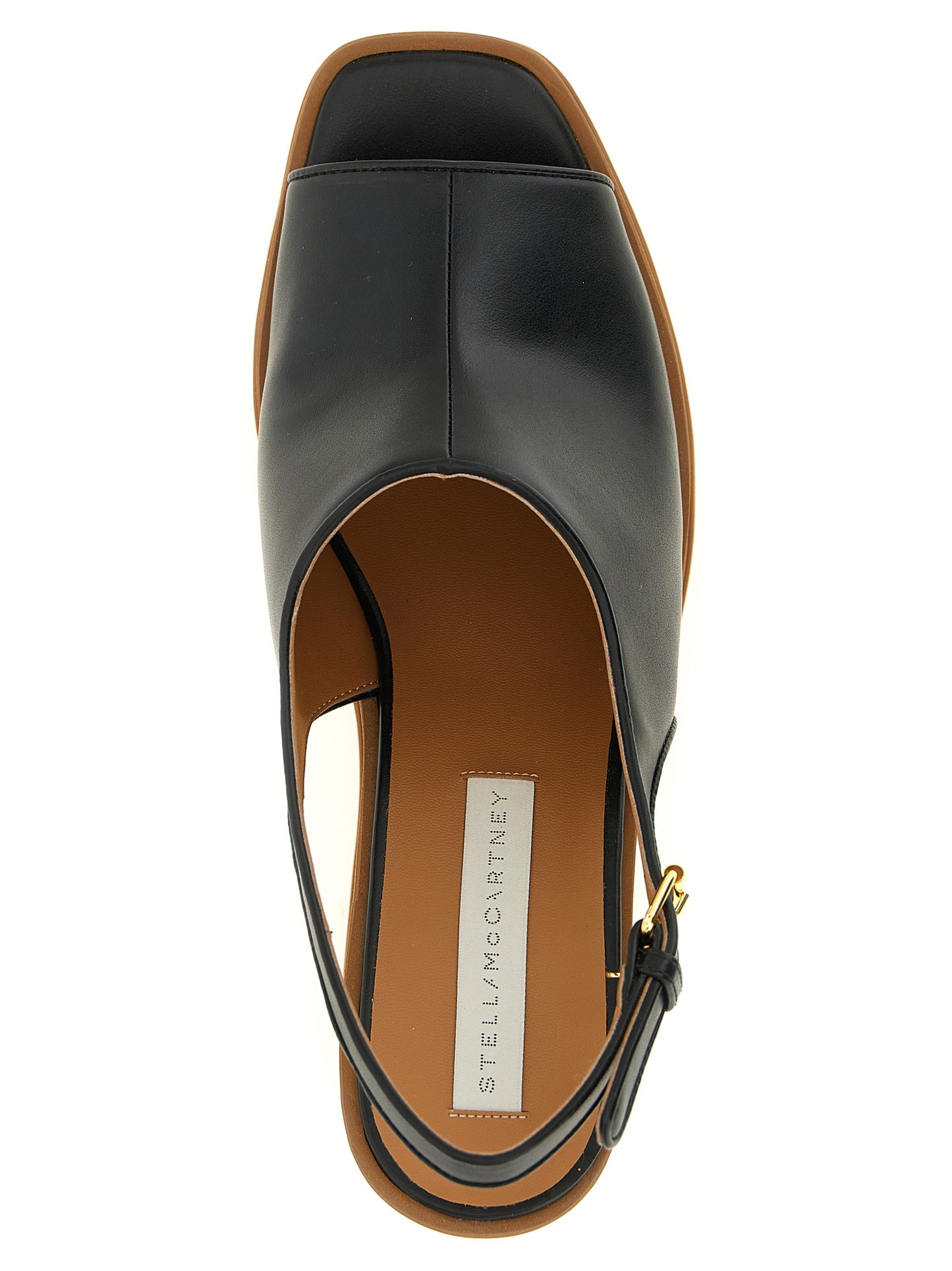 Wedge Slingback Sandals by Stella McCartney for women in polyurethane & cork black features an exquisite silhouette, showcasing the exquisite Women's Polyurethane & Cork Wedge Slingback Sandals with a wedge and square toe style.