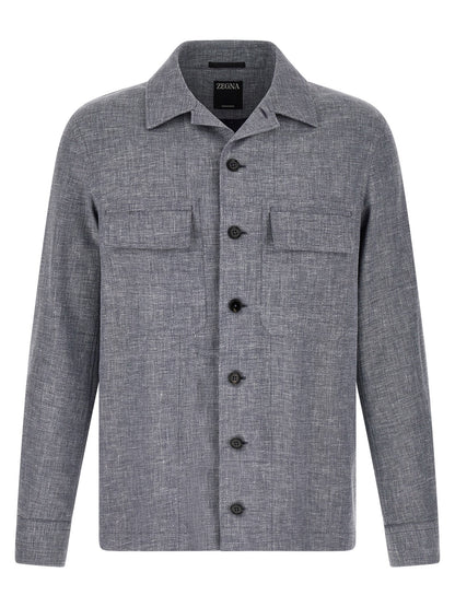 ZEGNA Men's Silk Linen Polyamide Leather Overshirt - Blue Horn Signature