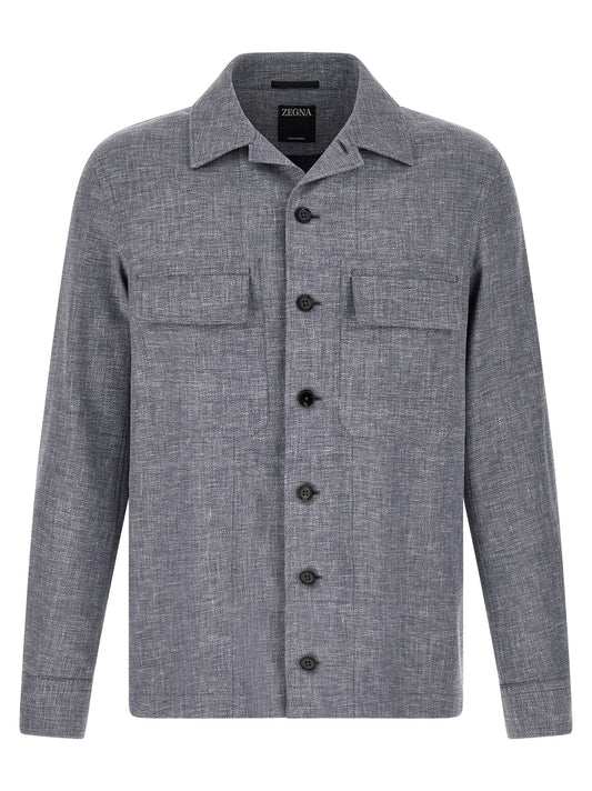 ZEGNA Men's Silk Linen Polyamide Leather Overshirt - Blue Horn Signature