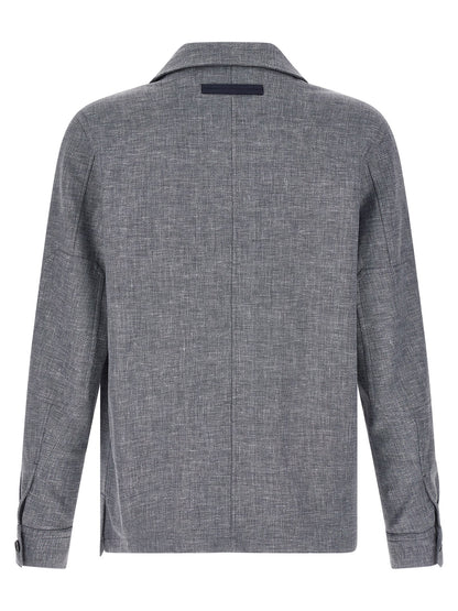 ZEGNA Men's Silk Linen Polyamide Leather Overshirt - Blue Horn Signature