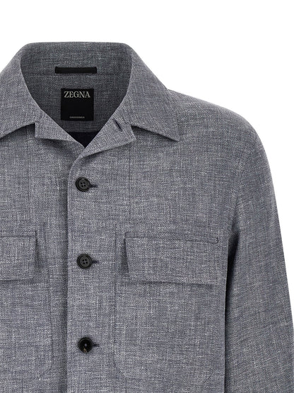 ZEGNA Men's Silk Linen Polyamide Leather Overshirt - Blue Horn Signature