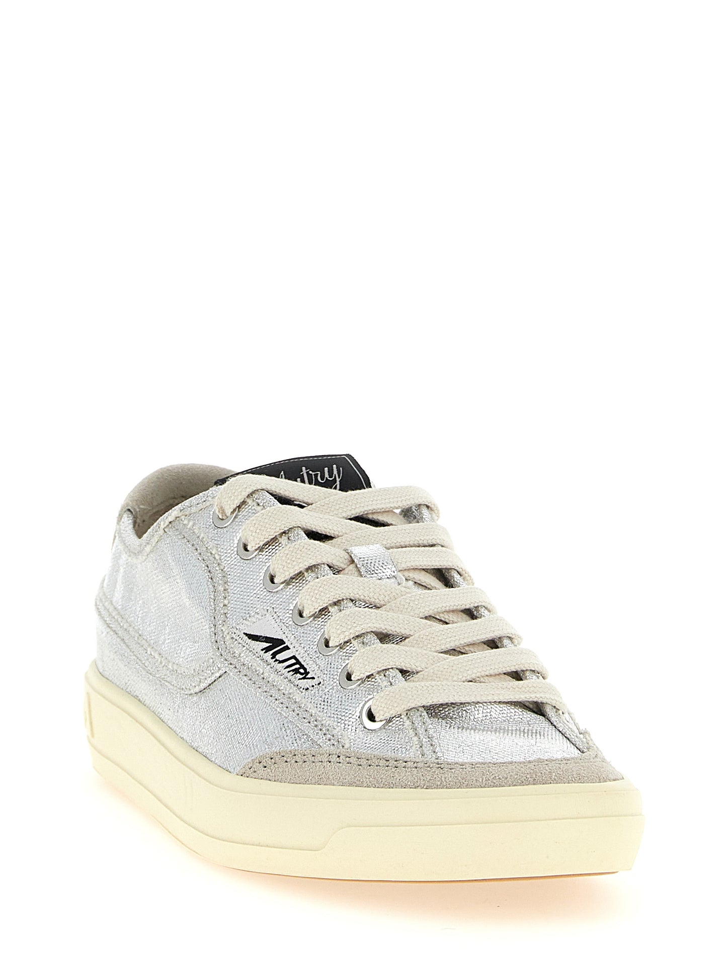 Sneakers by Autry for women in suede leather & canvas silver features an fashionable silhouette, showcasing the premium Women's Low Top Suede Leather & Canvas Sneakers in a fashionable low-top style that offers a fashionable finish for refined style.