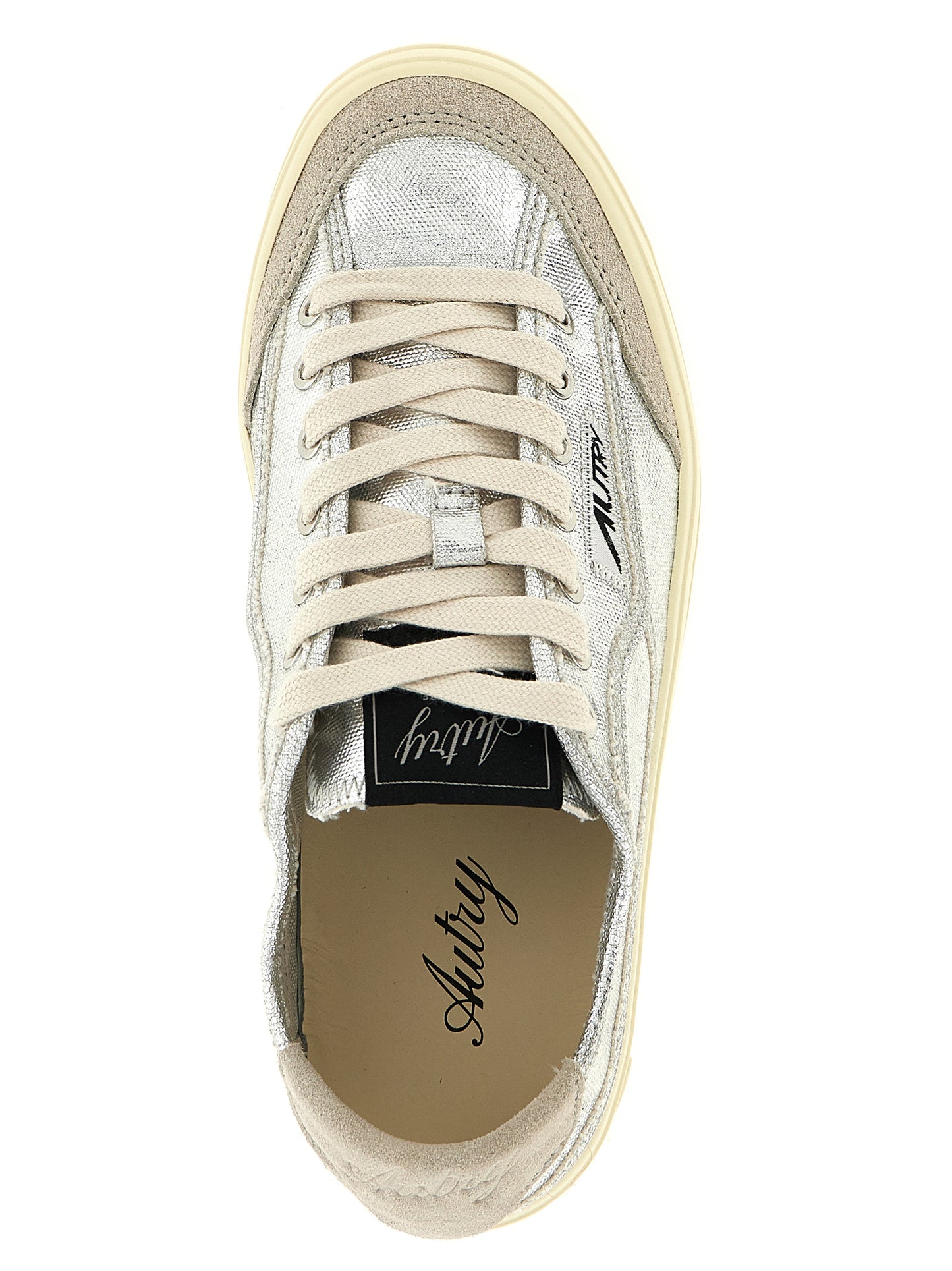 Sneakers by Autry for women in suede leather & canvas silver features a chic design, perfectly showcasing the chic low-top style of this Women's Low Top Suede Leather & Canvas Sneakers.