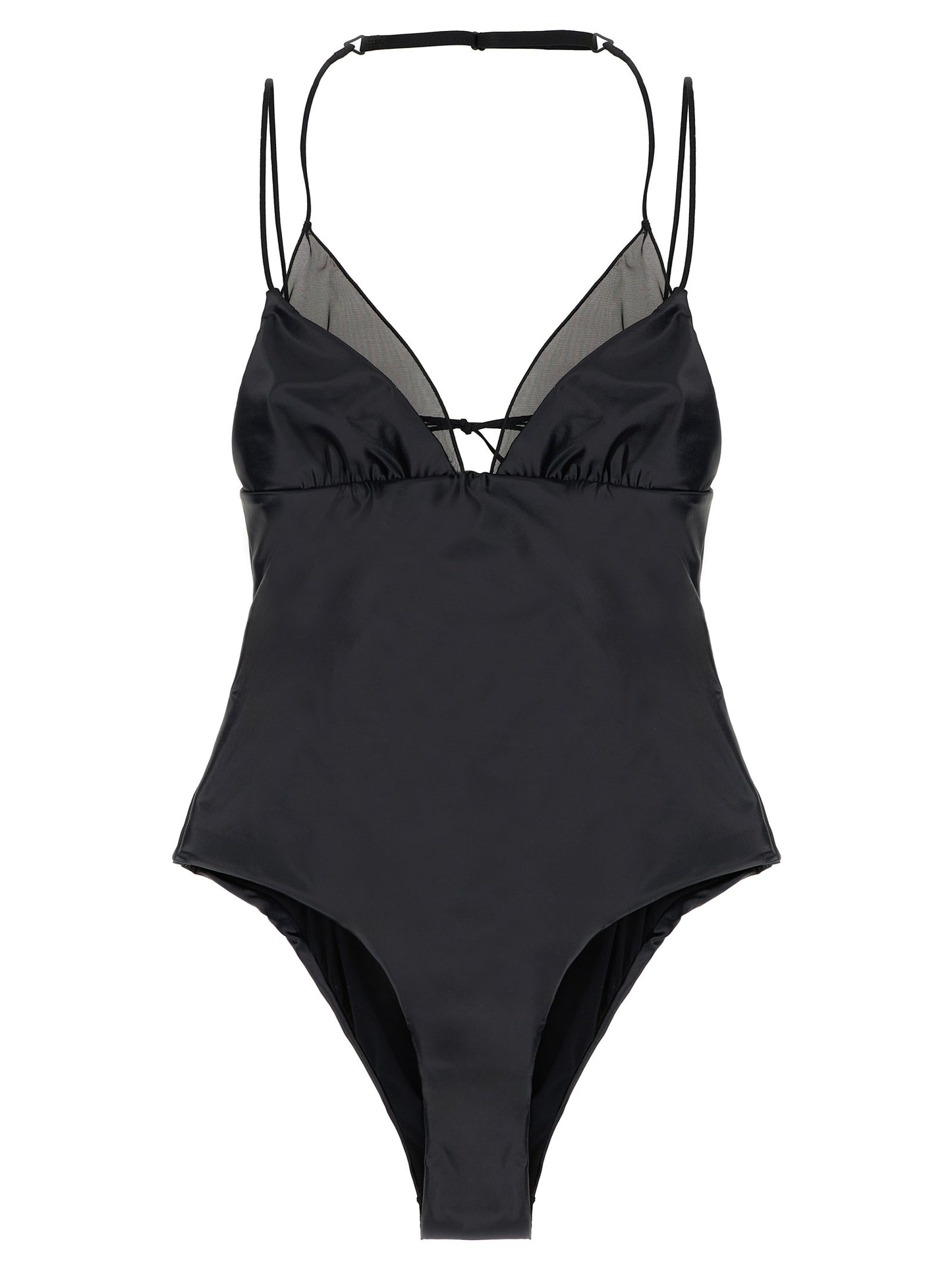 One-Piece Swimsuit by ALLIS for women in stretch polyester satin black & transparent features a contemporary silhouette, showcasing the contemporary cut of this Kate Women's Stretch Polyester Satin One-Piece Swimsuit for a sophisticated, contemporary beachwear aesthetic.