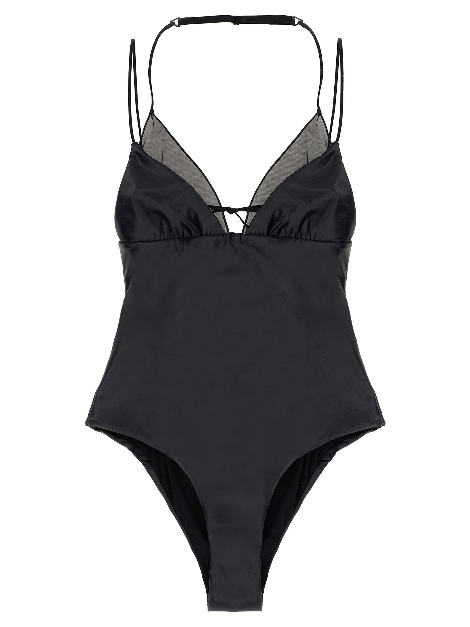 One-Piece Swimsuit by ALLIS for women in stretch polyester satin black & transparent features a contemporary silhouette, showcasing the contemporary cut of this Kate Women's Stretch Polyester Satin One-Piece Swimsuit for a sophisticated, contemporary beachwear aesthetic.