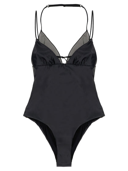 One-Piece Swimsuit by ALLIS for women in stretch polyester satin black & transparent features a contemporary silhouette, showcasing the contemporary cut of this Kate Women's Stretch Polyester Satin One-Piece Swimsuit for a sophisticated, contemporary beachwear aesthetic.