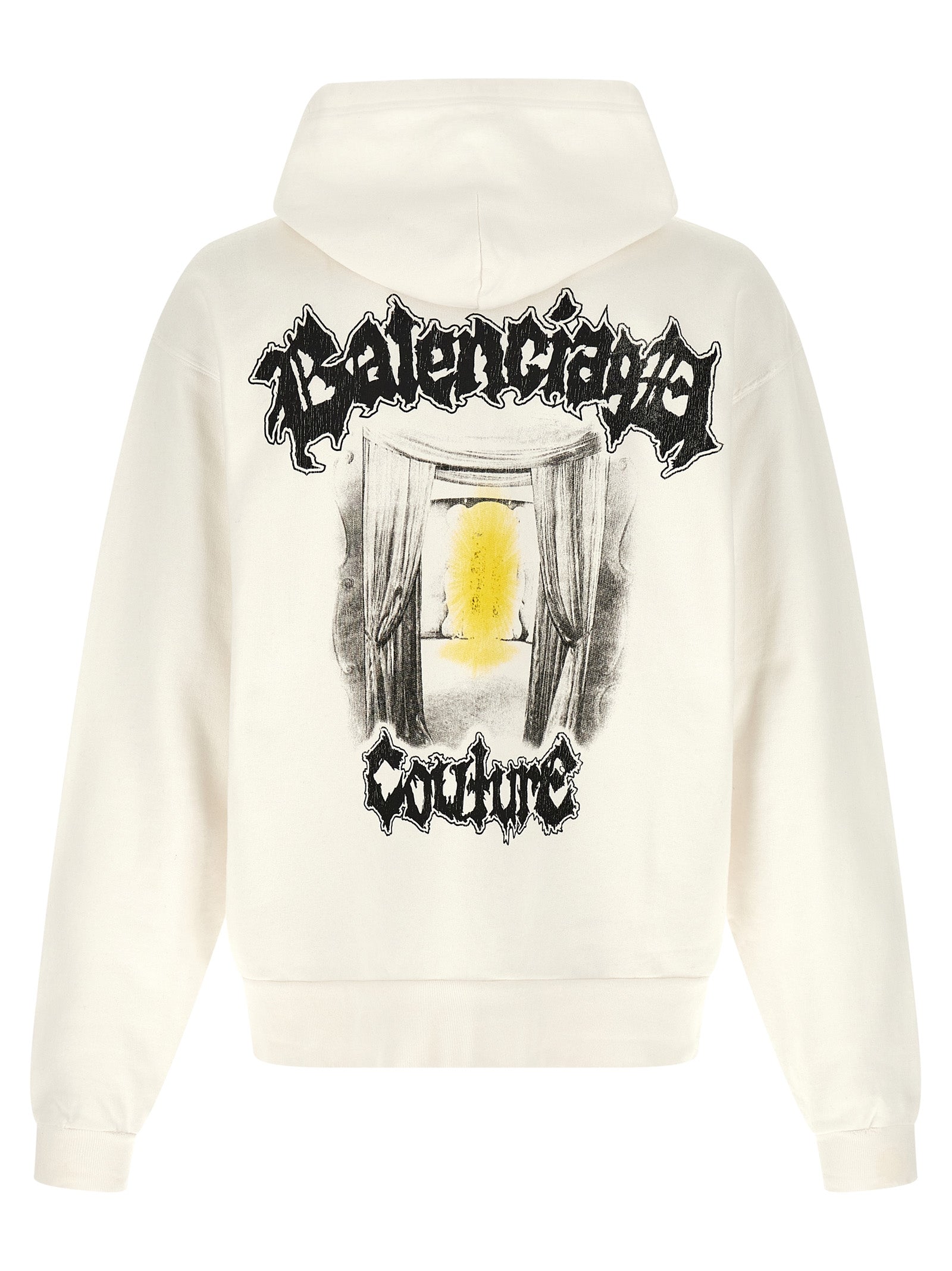 Sweatshirt Hoodie by Balenciaga for men in cotton white & print features an dramatic silhouette, showcasing a sophisticated hooded neckline and dramatic for a refined, modern aesthetic.