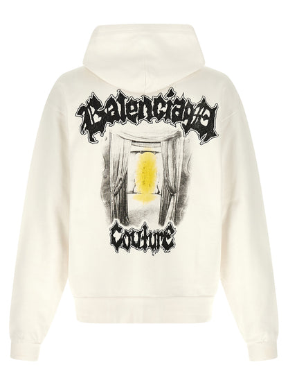 Sweatshirt Hoodie by Balenciaga for men in cotton white & print features an dramatic silhouette, showcasing a sophisticated hooded neckline and dramatic for a refined, modern aesthetic.