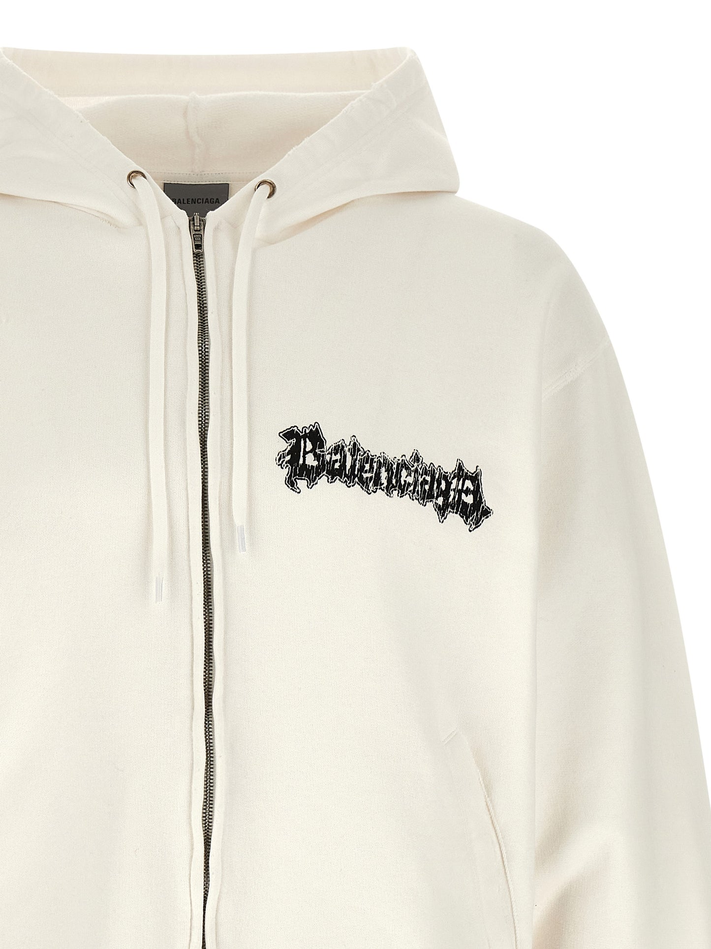 Sweatshirt Hoodie by Balenciaga for men in cotton white & print features an avant-garde silhouette, showcasing a sophisticated hooded neckline and detail for a truly avant-garde finish.