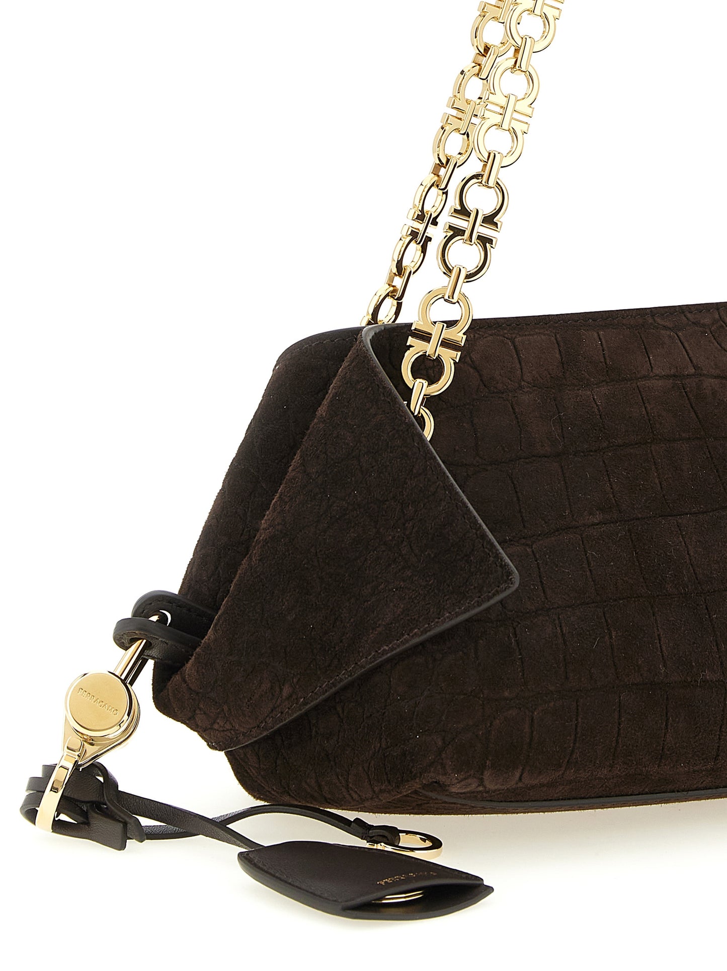 Shoulder Bag by Ferragamo for women in suede exotic leather brown features an effortlessly chic silhouette with a secure zipper & magnetic, ample , and versatile shoulder-strap & handle for effortlessly chic everyday luxury.