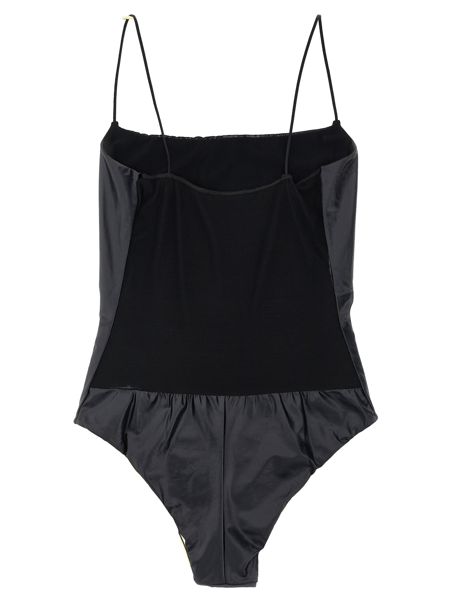 One-Piece Swimsuit by ALLIS for women in stretch polyester satin black & transparent features a contemporary silhouette, showcasing the contemporary cut of this Waves Women's Stretch Polyester Satin One-Piece Swimsuit for a sophisticated, contemporary beachwear aesthetic.