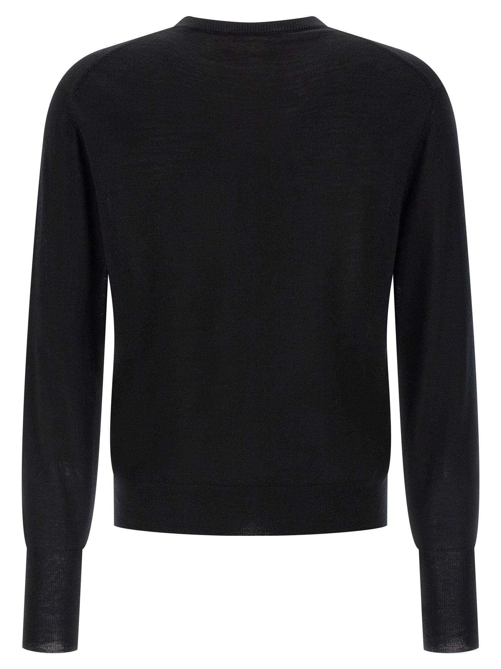 Cardigan by MA'RY'YA for men in cashmere modacrylic merino wool blend black features a dramatic silhouette, showcasing a sophisticated crew neckline and dramatic detail for a timeless, premium look.