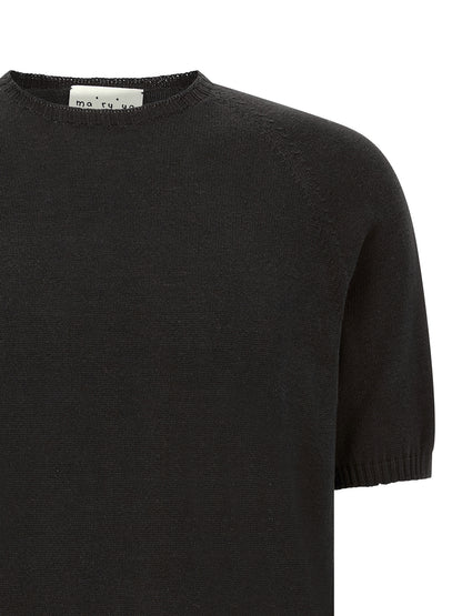Cardigan by MA'RY'YA for men in modacrylic & cotton black features an impeccable silhouette, showcasing a sophisticated crew neckline and detail for a truly impeccable finish.