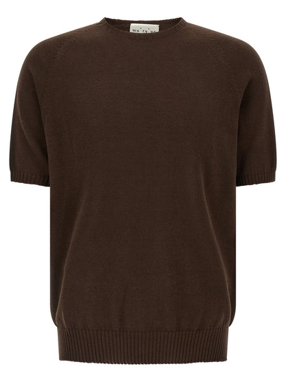Cardigan by MA'RY'YA for men in modacrylic & cotton brown showcases a luxurious silhouette, meticulously detailed with a sophisticated crew neckline and for a refined finish.