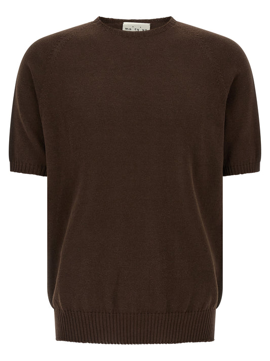 Cardigan by MA'RY'YA for men in modacrylic & cotton brown showcases a luxurious silhouette, meticulously detailed with a sophisticated crew neckline and for a refined finish.