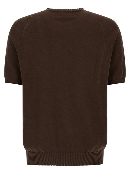 Cardigan by MA'RY'YA for men in modacrylic & cotton brown features an impeccable silhouette, showcasing a sophisticated crew neckline and detail for a truly impeccable finish.