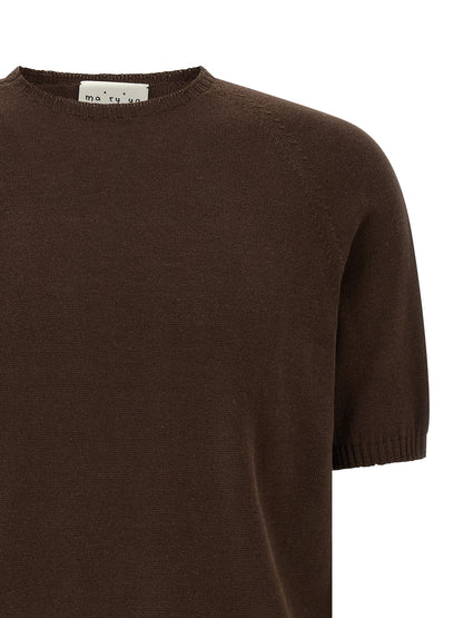 Cardigan by MA'RY'YA for men in modacrylic & cotton brown presents a textural silhouette, artfully finished with a textural crew neckline and for a sophisticated, textural look.