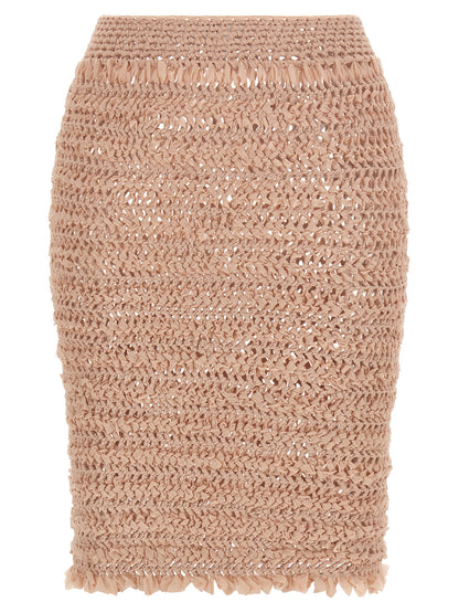 Skirt by ALLIS for women in stretch polyester multicolor, pink & transparent features a captivating silhouette, showcasing the captivating Emma Women's Stretch Polyester Skirt design with a sophisticated midi for a captivating look.